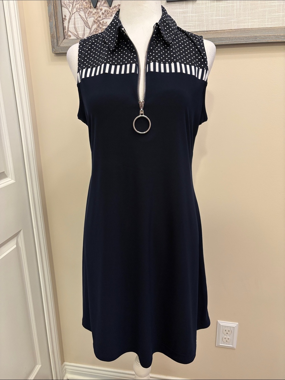 MSK Navy Sleeveless Polo Dress with Contrast Dot & Stripe Collar LP